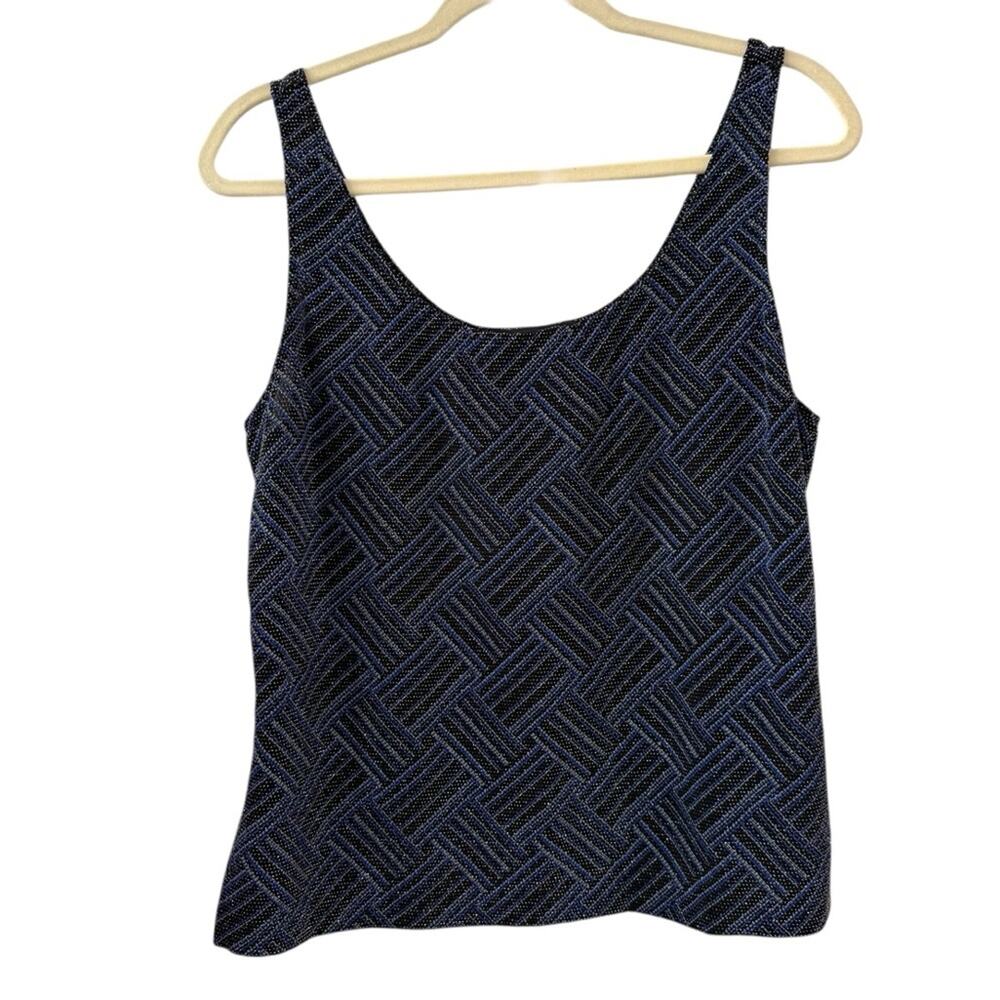 Alex Evenings Large Metallic Blue Black Geometric Sparkle Sleeveless Party